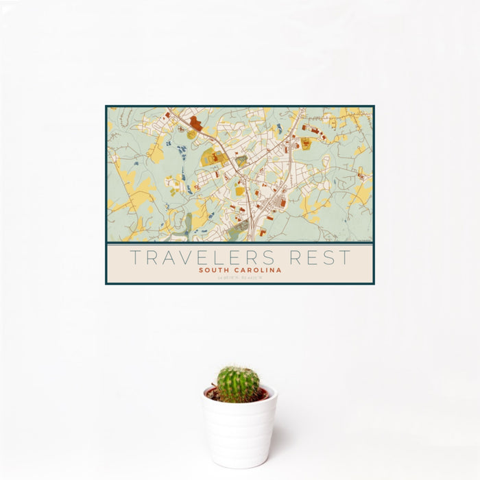 12x18 Travelers Rest South Carolina Map Print Landscape Orientation in Woodblock Style With Small Cactus Plant in White Planter
