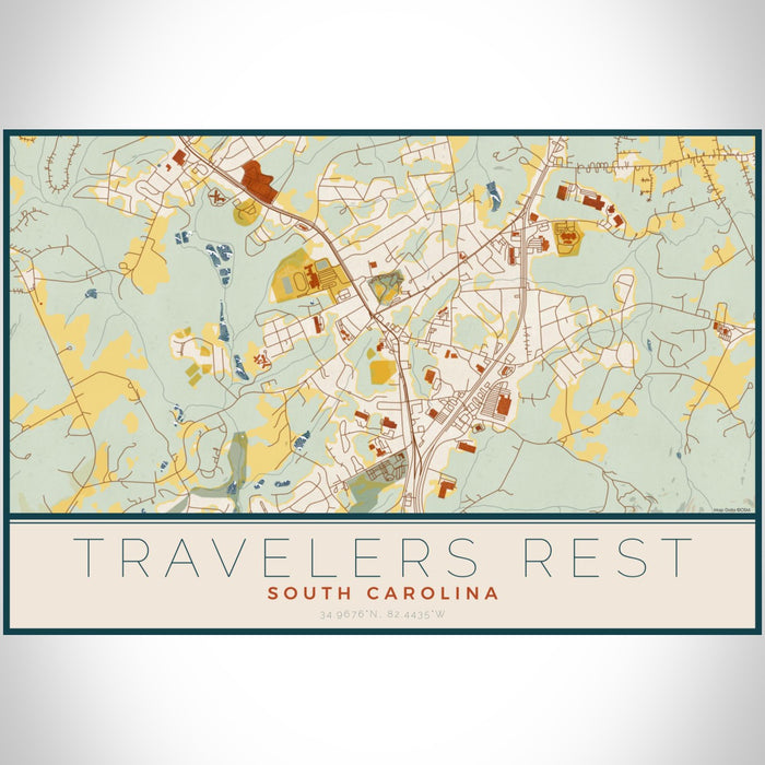 Travelers Rest South Carolina Map Print Landscape Orientation in Woodblock Style With Shaded Background