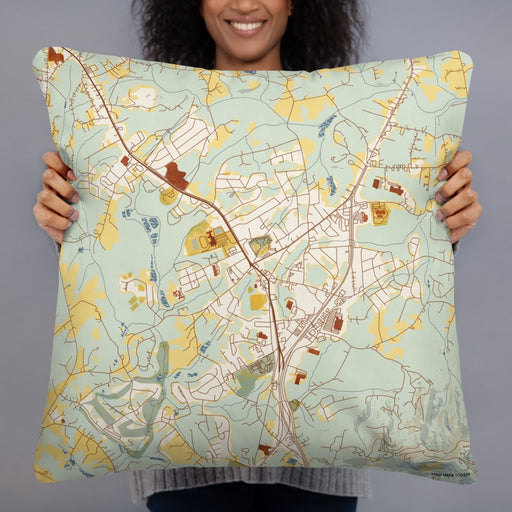 Person holding 22x22 Custom Travelers Rest South Carolina Map Throw Pillow in Woodblock