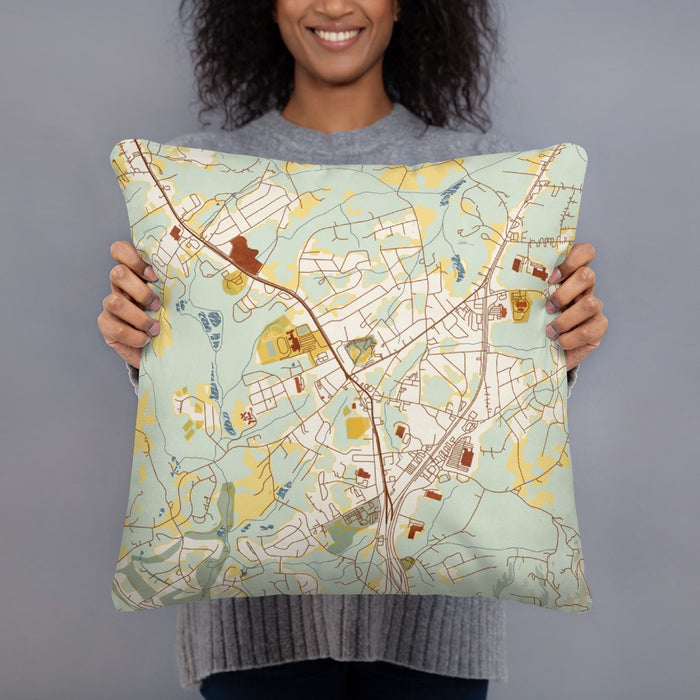 Person holding 18x18 Custom Travelers Rest South Carolina Map Throw Pillow in Woodblock