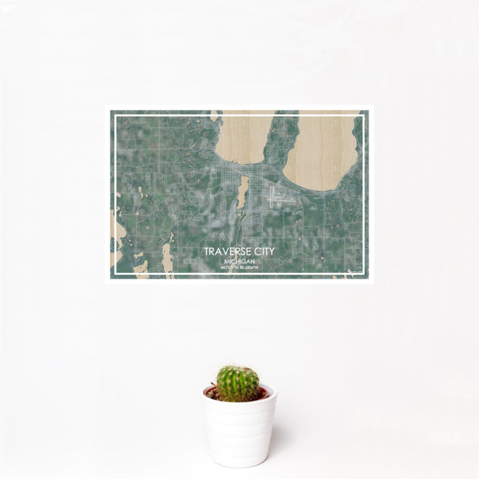 12x18 Traverse City Michigan Map Print Landscape Orientation in Afternoon Style With Small Cactus Plant in White Planter