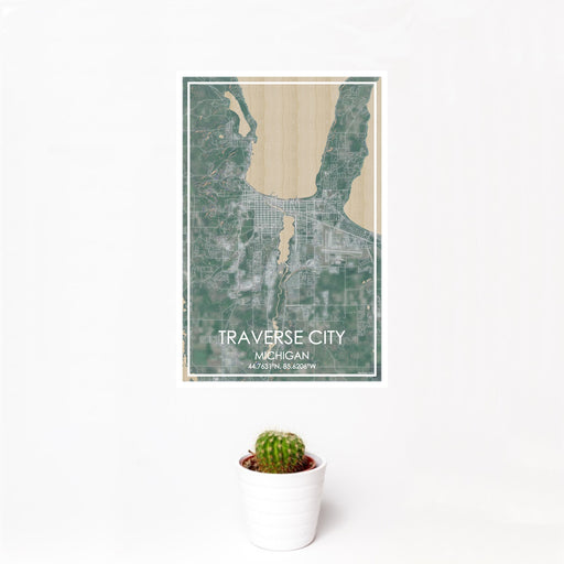 12x18 Traverse City Michigan Map Print Portrait Orientation in Afternoon Style With Small Cactus Plant in White Planter