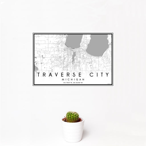 12x18 Traverse City Michigan Map Print Landscape Orientation in Classic Style With Small Cactus Plant in White Planter
