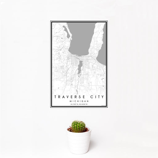 12x18 Traverse City Michigan Map Print Portrait Orientation in Classic Style With Small Cactus Plant in White Planter