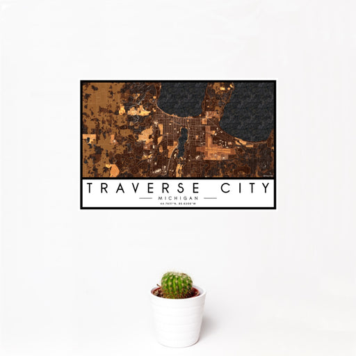 12x18 Traverse City Michigan Map Print Landscape Orientation in Ember Style With Small Cactus Plant in White Planter