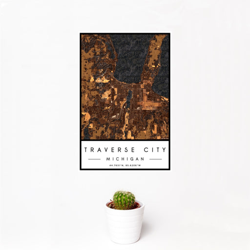 12x18 Traverse City Michigan Map Print Portrait Orientation in Ember Style With Small Cactus Plant in White Planter