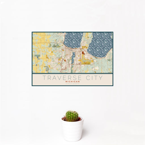 12x18 Traverse City Michigan Map Print Landscape Orientation in Woodblock Style With Small Cactus Plant in White Planter