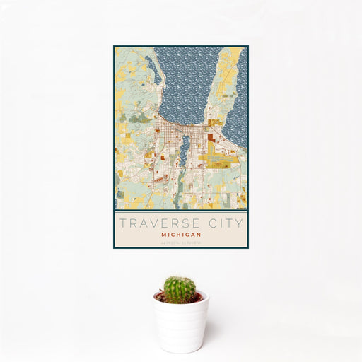 12x18 Traverse City Michigan Map Print Portrait Orientation in Woodblock Style With Small Cactus Plant in White Planter
