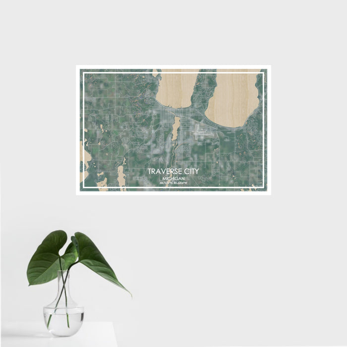 16x24 Traverse City Michigan Map Print Landscape Orientation in Afternoon Style With Tropical Plant Leaves in Water