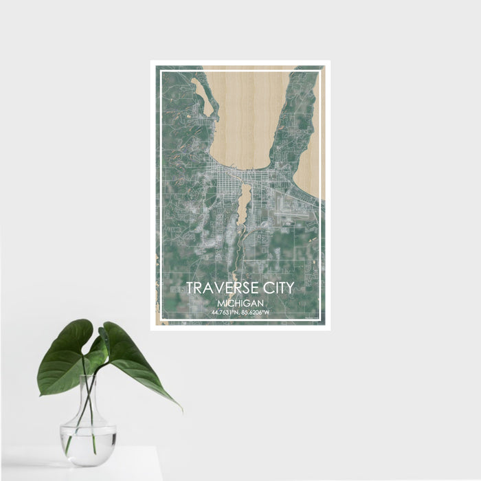 16x24 Traverse City Michigan Map Print Portrait Orientation in Afternoon Style With Tropical Plant Leaves in Water