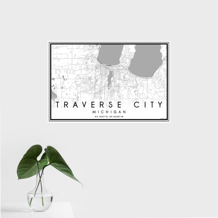 16x24 Traverse City Michigan Map Print Landscape Orientation in Classic Style With Tropical Plant Leaves in Water