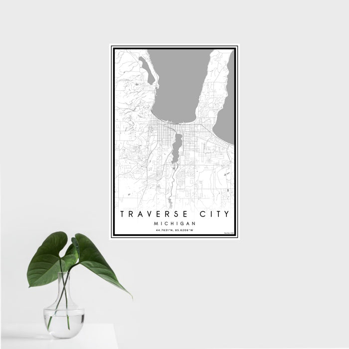 16x24 Traverse City Michigan Map Print Portrait Orientation in Classic Style With Tropical Plant Leaves in Water