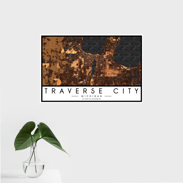 16x24 Traverse City Michigan Map Print Landscape Orientation in Ember Style With Tropical Plant Leaves in Water