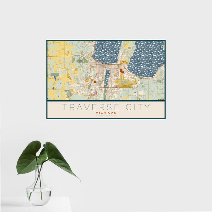 16x24 Traverse City Michigan Map Print Landscape Orientation in Woodblock Style With Tropical Plant Leaves in Water