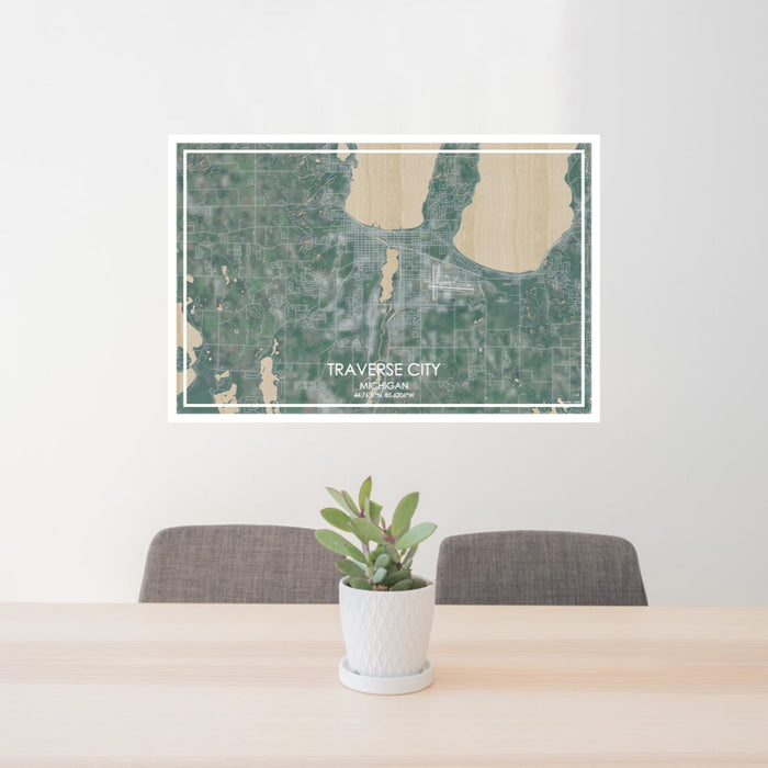 24x36 Traverse City Michigan Map Print Lanscape Orientation in Afternoon Style Behind 2 Chairs Table and Potted Plant