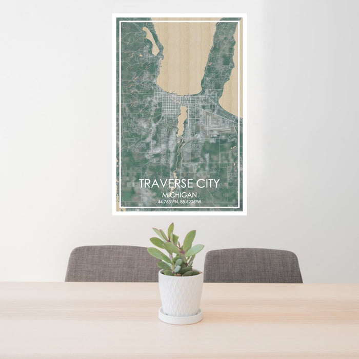 24x36 Traverse City Michigan Map Print Portrait Orientation in Afternoon Style Behind 2 Chairs Table and Potted Plant