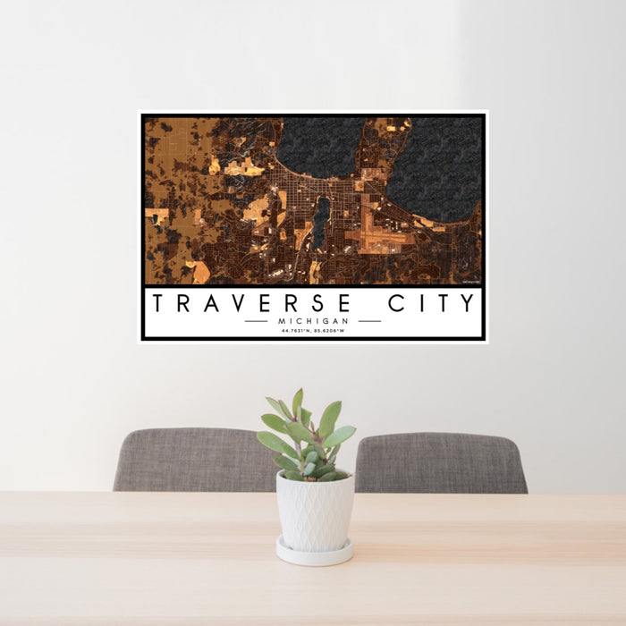 24x36 Traverse City Michigan Map Print Lanscape Orientation in Ember Style Behind 2 Chairs Table and Potted Plant