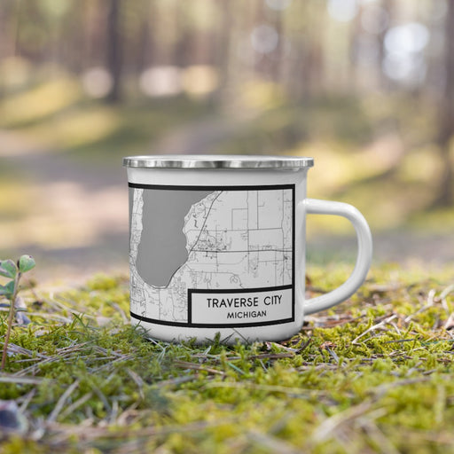 Right View Custom Traverse City Michigan Map Enamel Mug in Classic on Grass With Trees in Background