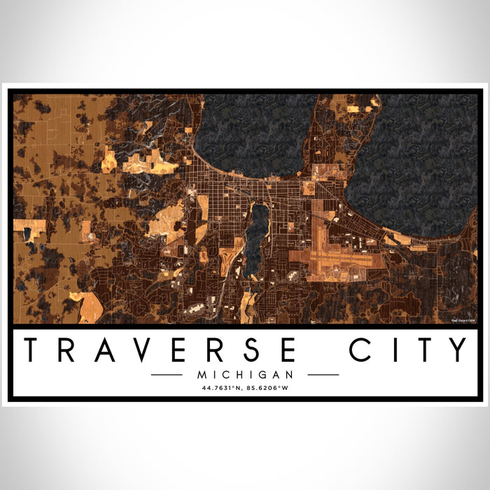 Traverse City Michigan Map Print Landscape Orientation in Ember Style With Shaded Background