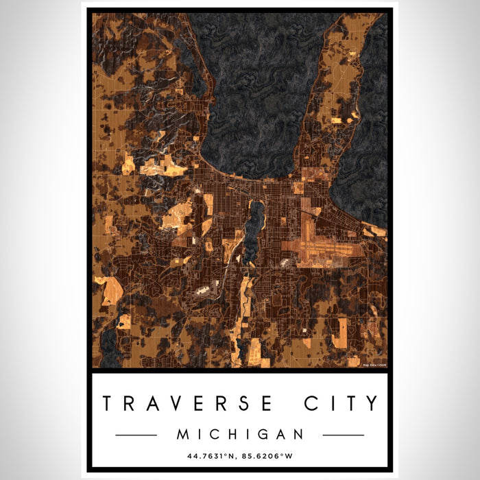 Traverse City Michigan Map Print Portrait Orientation in Ember Style With Shaded Background