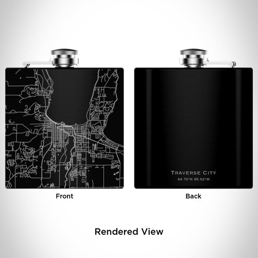 Rendered View of Traverse City Michigan Map Engraving on 6oz Stainless Steel Flask in Black
