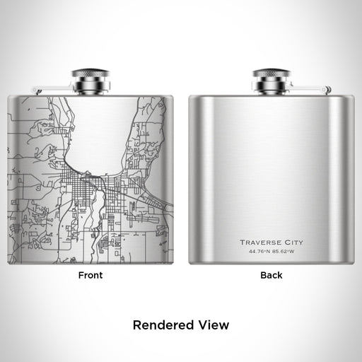 Rendered View of Traverse City Michigan Map Engraving on 6oz Stainless Steel Flask