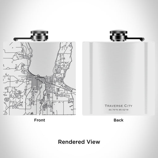 Rendered View of Traverse City Michigan Map Engraving on 6oz Stainless Steel Flask in White
