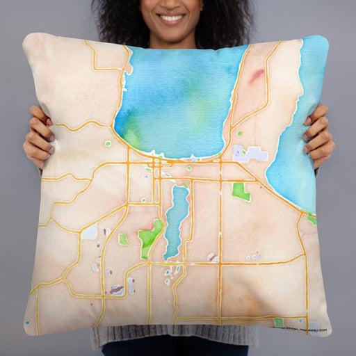 Person holding 22x22 Custom Traverse City Michigan Map Throw Pillow in Watercolor