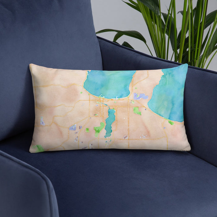 Custom Traverse City Michigan Map Throw Pillow in Watercolor on Blue Colored Chair