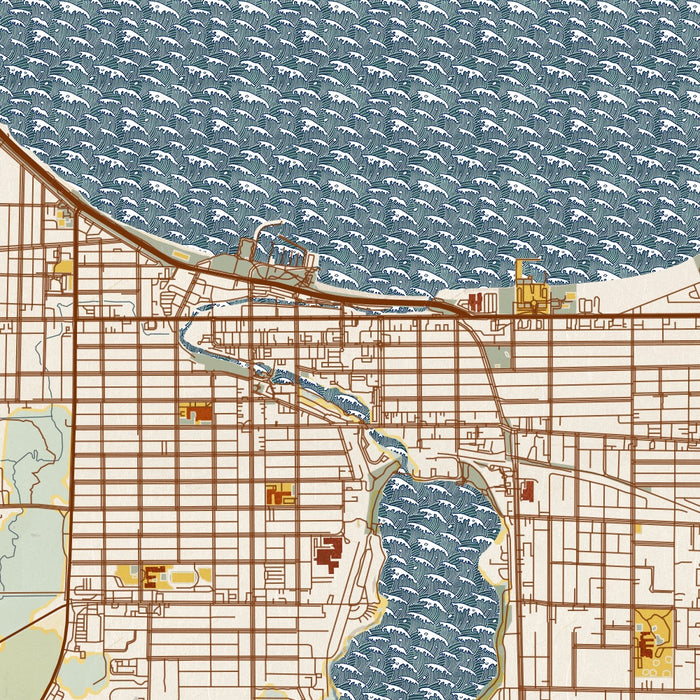 Traverse City Michigan Map Print in Woodblock Style Zoomed In Close Up Showing Details