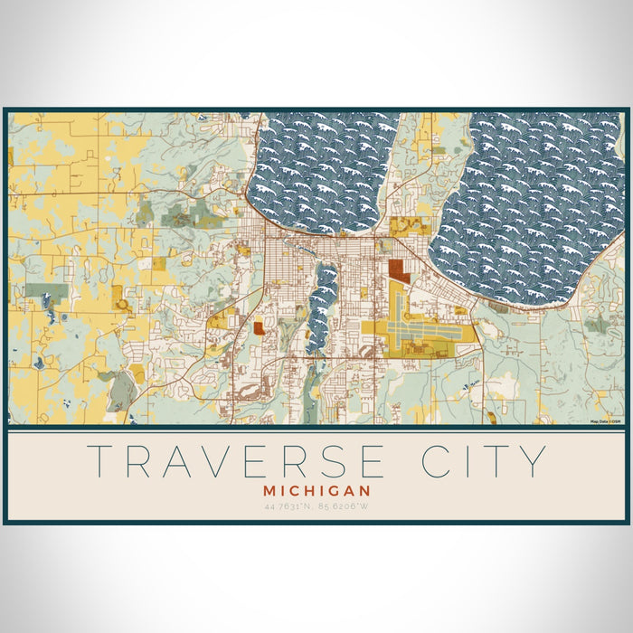 Traverse City Michigan Map Print Landscape Orientation in Woodblock Style With Shaded Background