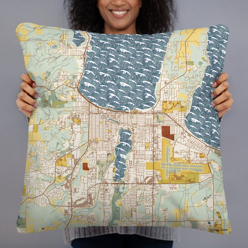 Person holding 22x22 Custom Traverse City Michigan Map Throw Pillow in Woodblock