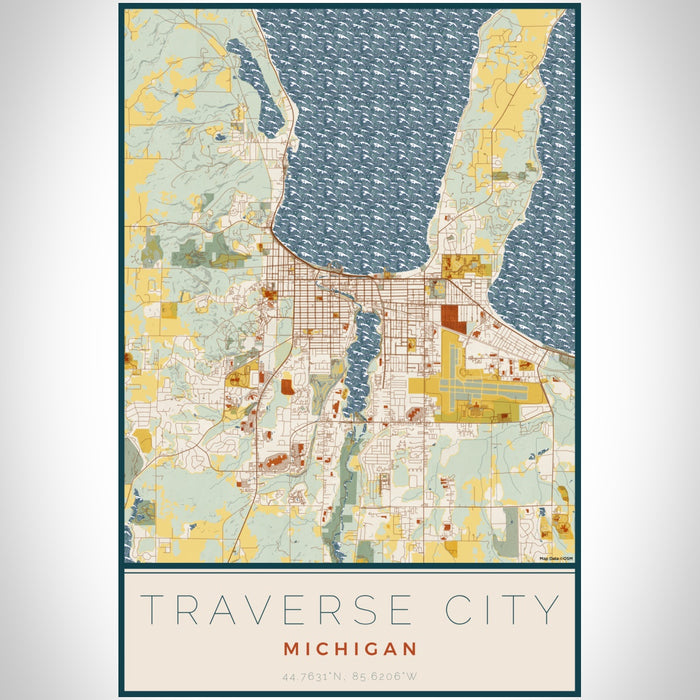 Traverse City Michigan Map Print Portrait Orientation in Woodblock Style With Shaded Background