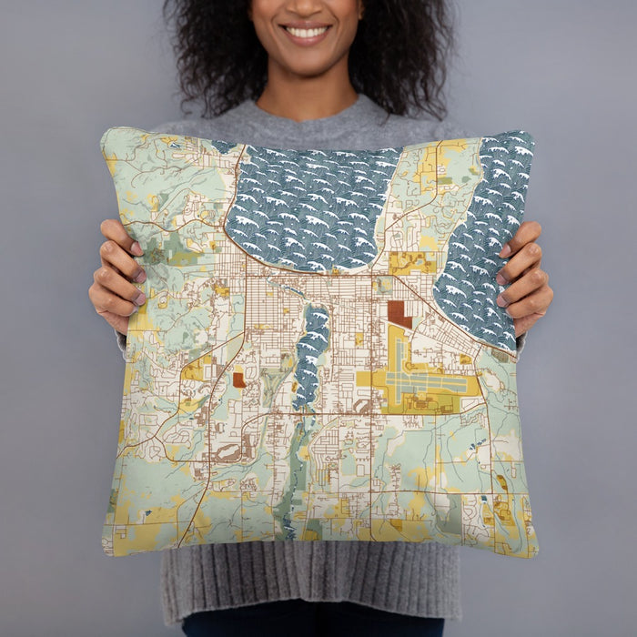 Person holding 18x18 Custom Traverse City Michigan Map Throw Pillow in Woodblock