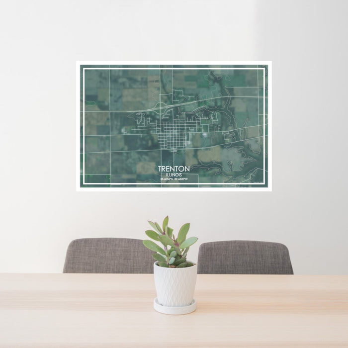 24x36 Trenton Illinois Map Print Lanscape Orientation in Afternoon Style Behind 2 Chairs Table and Potted Plant