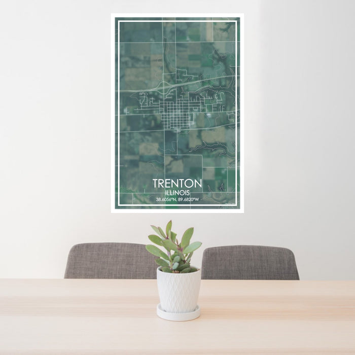 24x36 Trenton Illinois Map Print Portrait Orientation in Afternoon Style Behind 2 Chairs Table and Potted Plant