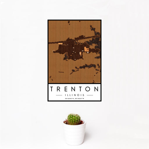 12x18 Trenton Illinois Map Print Portrait Orientation in Ember Style With Small Cactus Plant in White Planter
