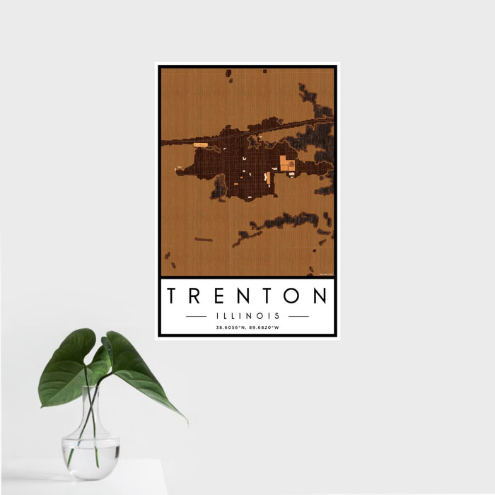 16x24 Trenton Illinois Map Print Portrait Orientation in Ember Style With Tropical Plant Leaves in Water