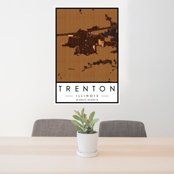 24x36 Trenton Illinois Map Print Portrait Orientation in Ember Style Behind 2 Chairs Table and Potted Plant