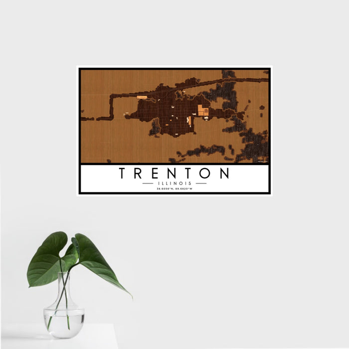 16x24 Trenton Illinois Map Print Landscape Orientation in Ember Style With Tropical Plant Leaves in Water