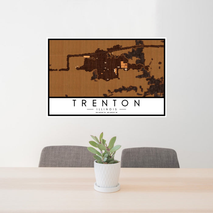 24x36 Trenton Illinois Map Print Landscape Orientation in Ember Style Behind 2 Chairs Table and Potted Plant