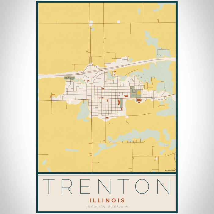 Trenton Illinois Map Print Portrait Orientation in Woodblock Style With Shaded Background