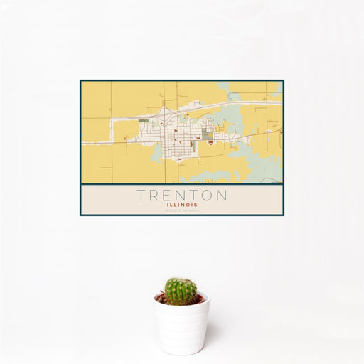 12x18 Trenton Illinois Map Print Landscape Orientation in Woodblock Style With Small Cactus Plant in White Planter