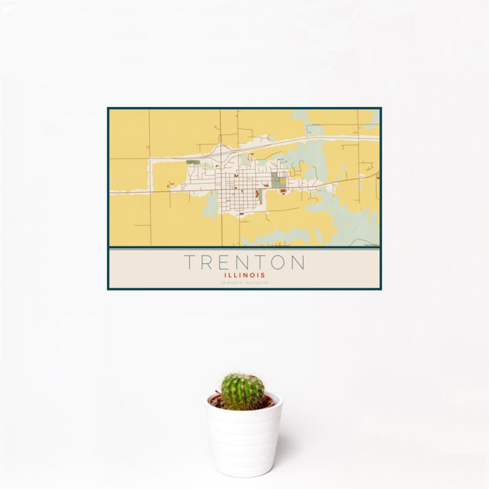 12x18 Trenton Illinois Map Print Landscape Orientation in Woodblock Style With Small Cactus Plant in White Planter
