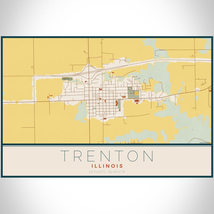 Trenton Illinois Map Print Landscape Orientation in Woodblock Style With Shaded Background