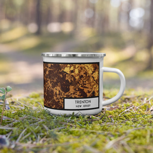 Right View Custom Trenton New Jersey Map Enamel Mug in Ember on Grass With Trees in Background