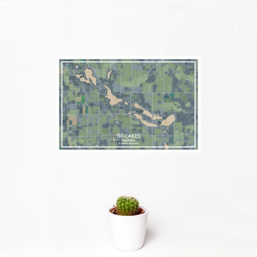 12x18 Tri-Lakes Indiana Map Print Landscape Orientation in Afternoon Style With Small Cactus Plant in White Planter
