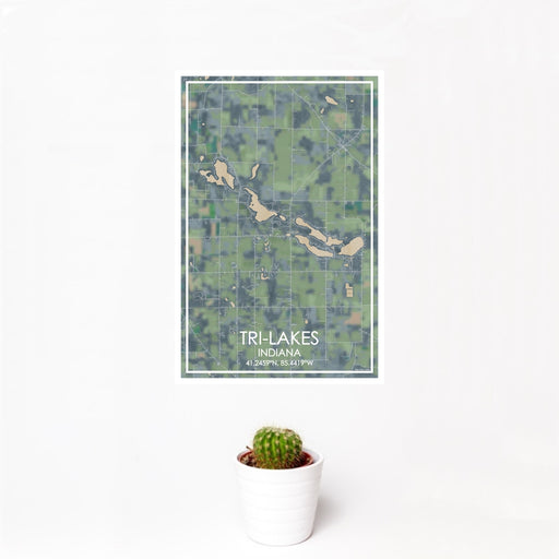 12x18 Tri-Lakes Indiana Map Print Portrait Orientation in Afternoon Style With Small Cactus Plant in White Planter