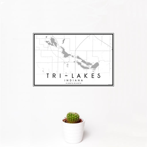 12x18 Tri-Lakes Indiana Map Print Landscape Orientation in Classic Style With Small Cactus Plant in White Planter