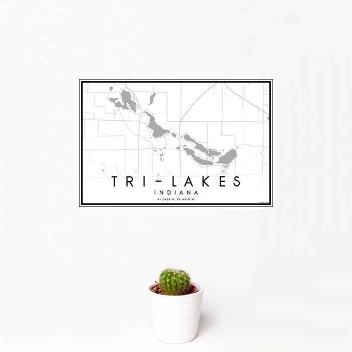 12x18 Tri-Lakes Indiana Map Print Landscape Orientation in Classic Style With Small Cactus Plant in White Planter
